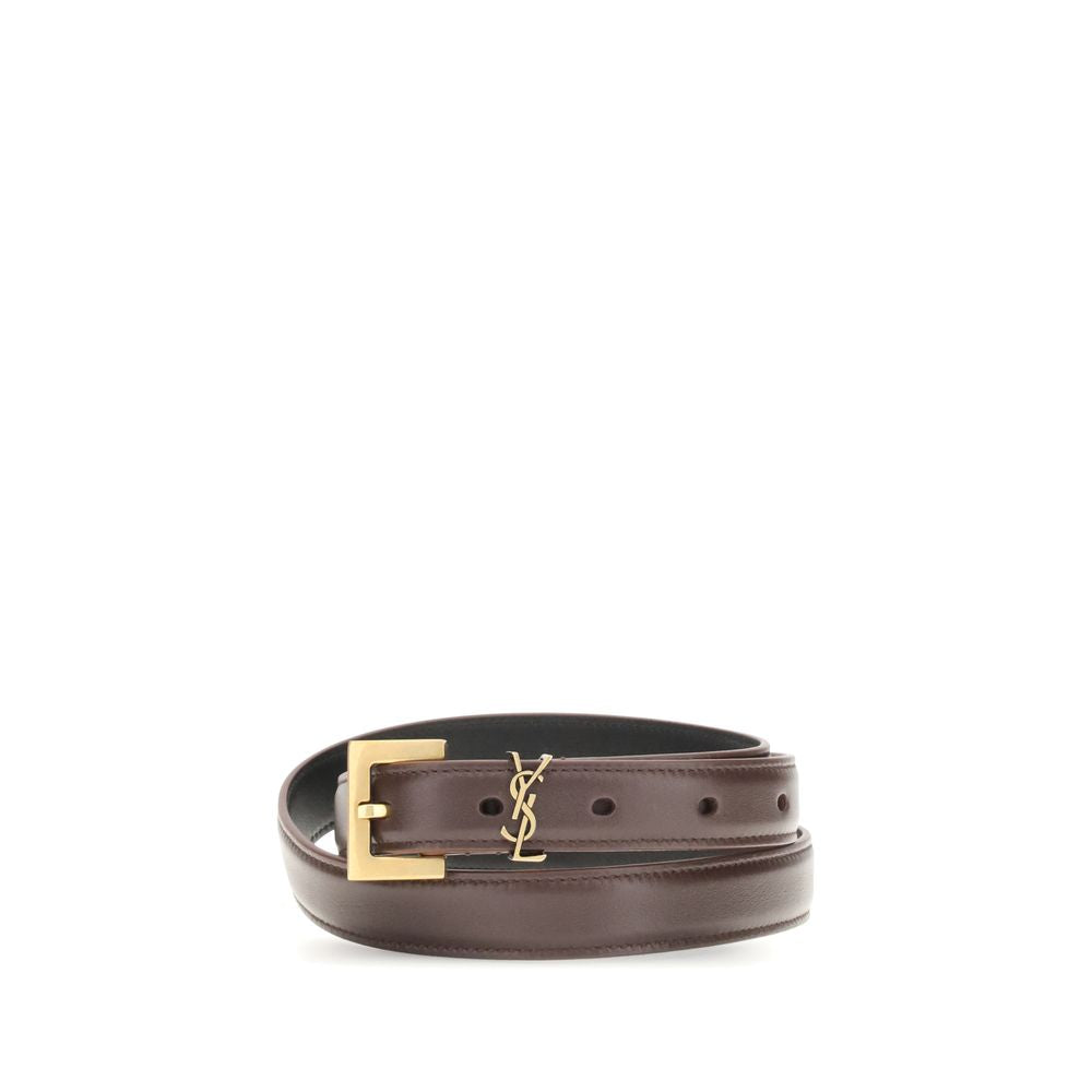 Saint Laurent Cassandre Fine Brown Calf Leather Bos Taurus Thin Belt