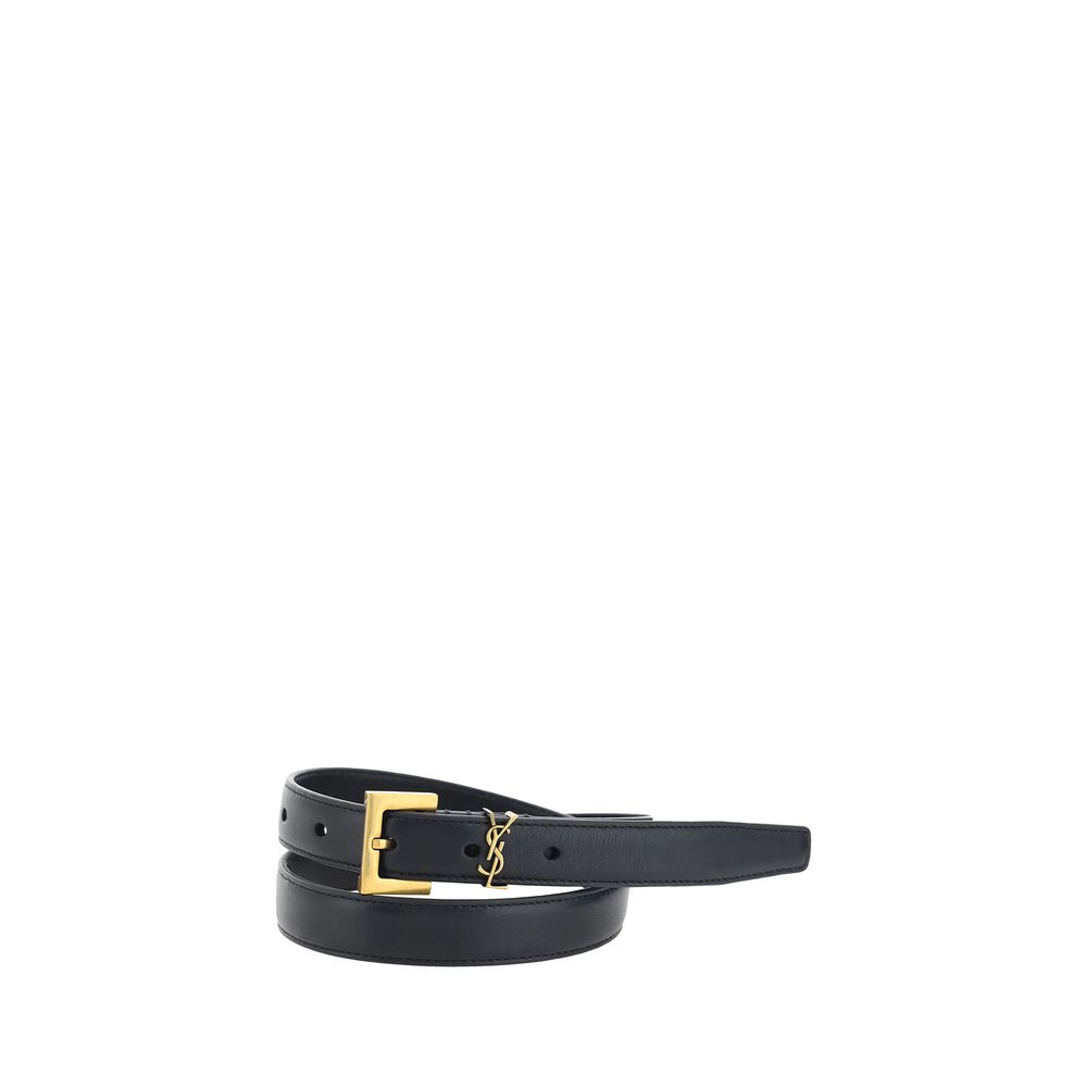 Saint Laurent Cassandre Fine Black Calf Leather Bos Taurus Thin Belt