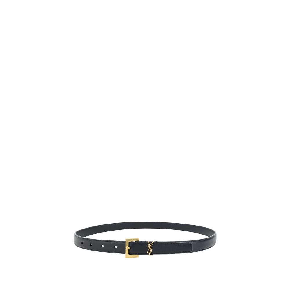 Saint Laurent Cassandre Fine Black Calf Leather Bos Taurus Thin Belt