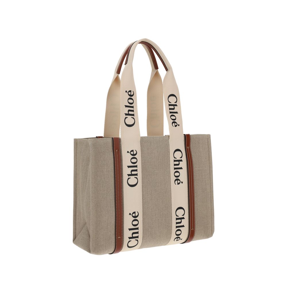 Chloé Linen Handbag 37x26x12 Beige Woody Canvas Shoulder Bag