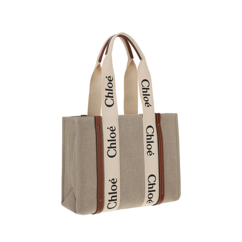 Chloé Linen Handbag 37x26x12 Beige Woody Canvas Shoulder Bag