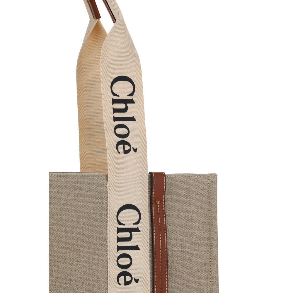 Chloé Linen Handbag 37x26x12 Beige Woody Canvas Shoulder Bag