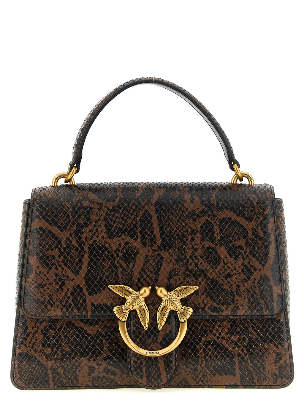 PINKO Medium Brown Calfskin Handbag Python Print Gold 'Love Birds' Buckle