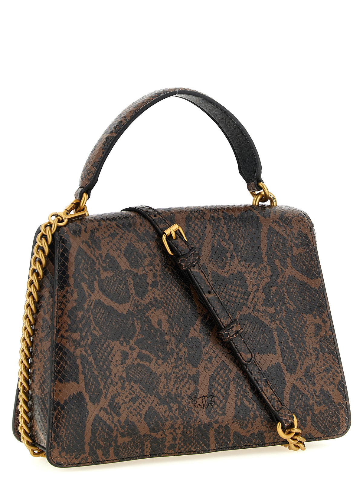 PINKO Medium Brown Calfskin Handbag Python Print Gold 'Love Birds' Buckle