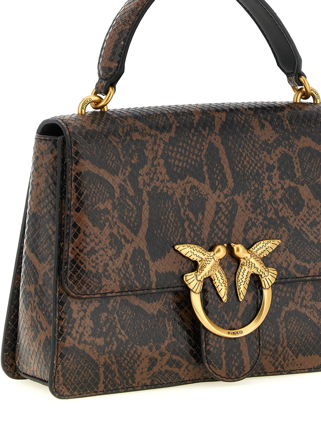 PINKO Medium Brown Calfskin Handbag Python Print Gold 'Love Birds' Buckle