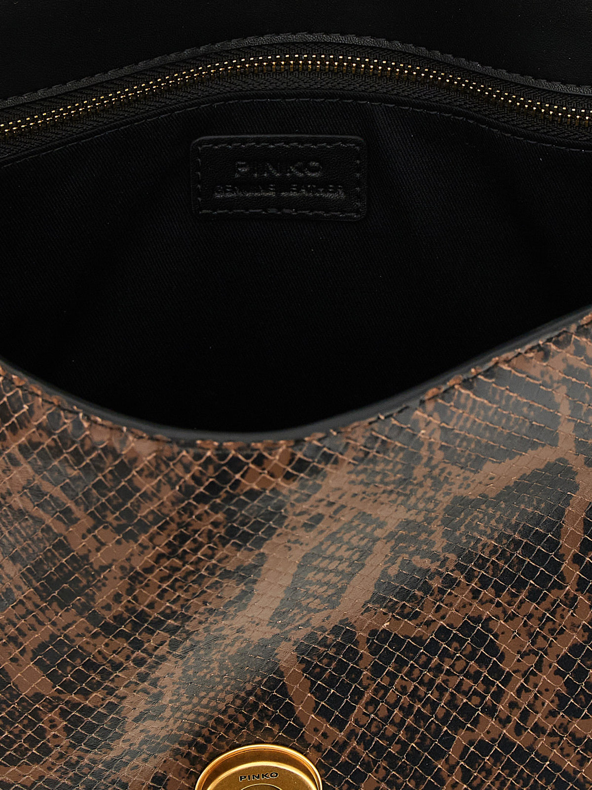 PINKO Medium Brown Calfskin Handbag Python Print Gold 'Love Birds' Buckle