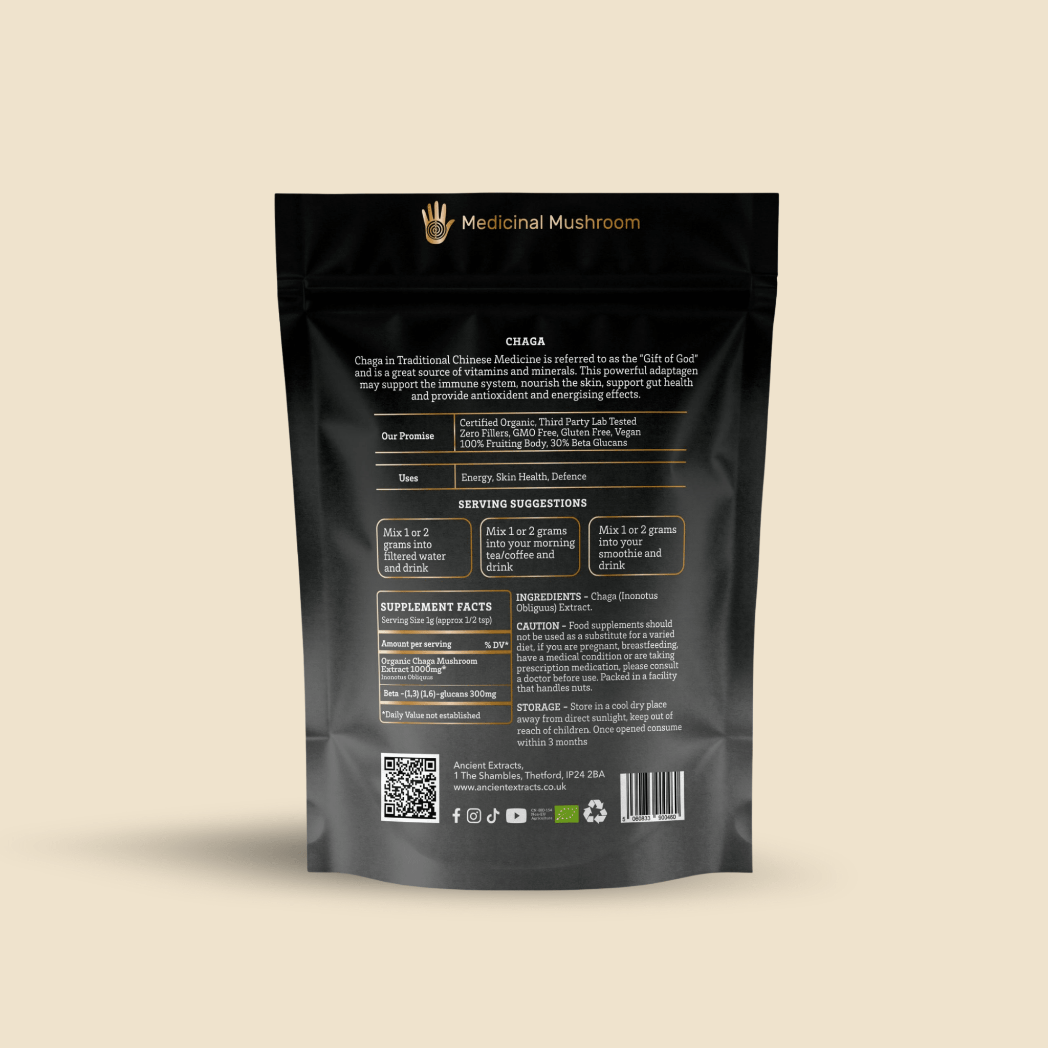 Ancient Extracts Chaga Mushroom Extract Powder 15:1 with 30% Beta Glucans