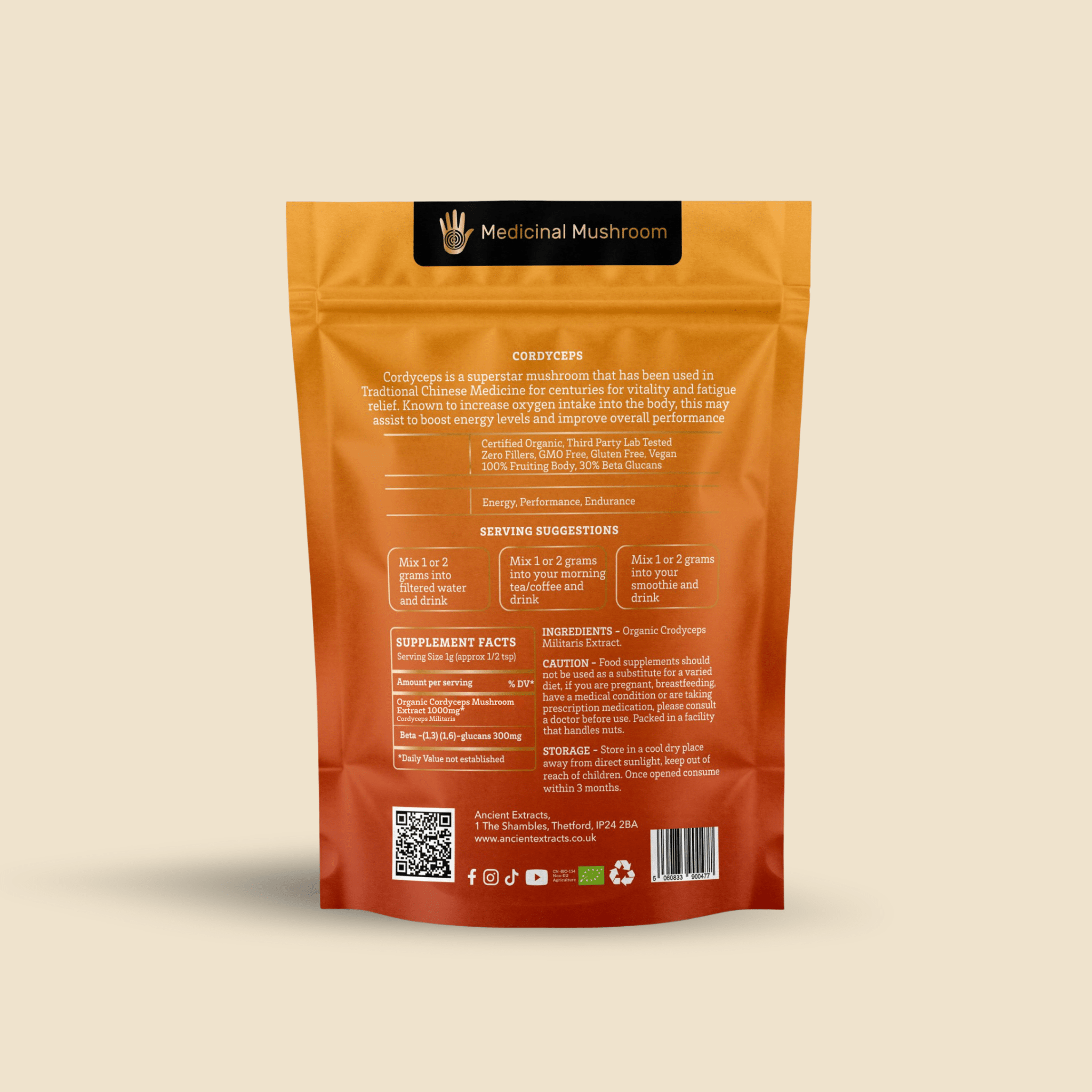 Ancient Extracts Cordyceps Mushroom Extract Powder, 15:1 Ratio, Beta Glucans