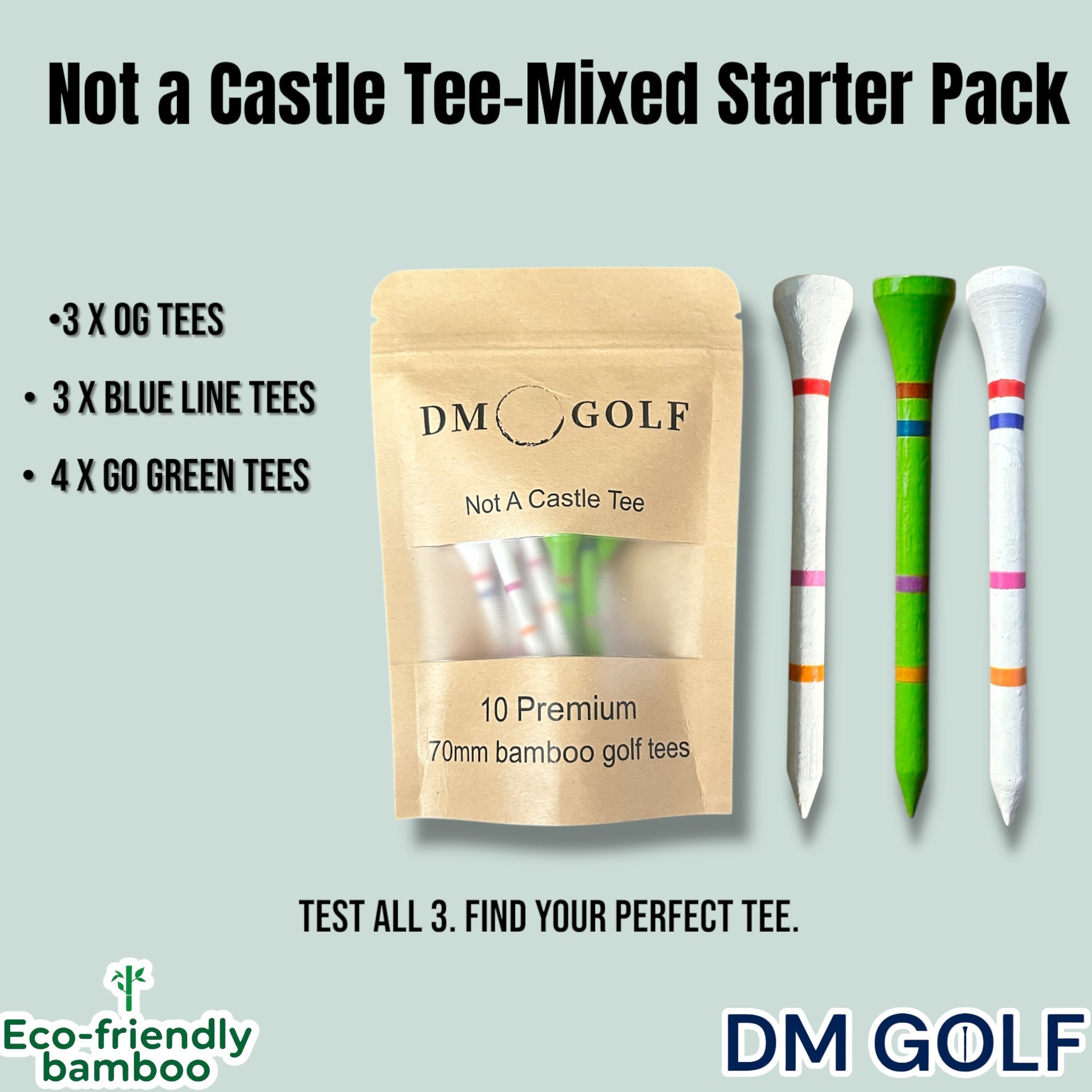 DM Golf 70mm Bamboo Tees 10 Pack - Mixed Colours with Castle Height Indicators