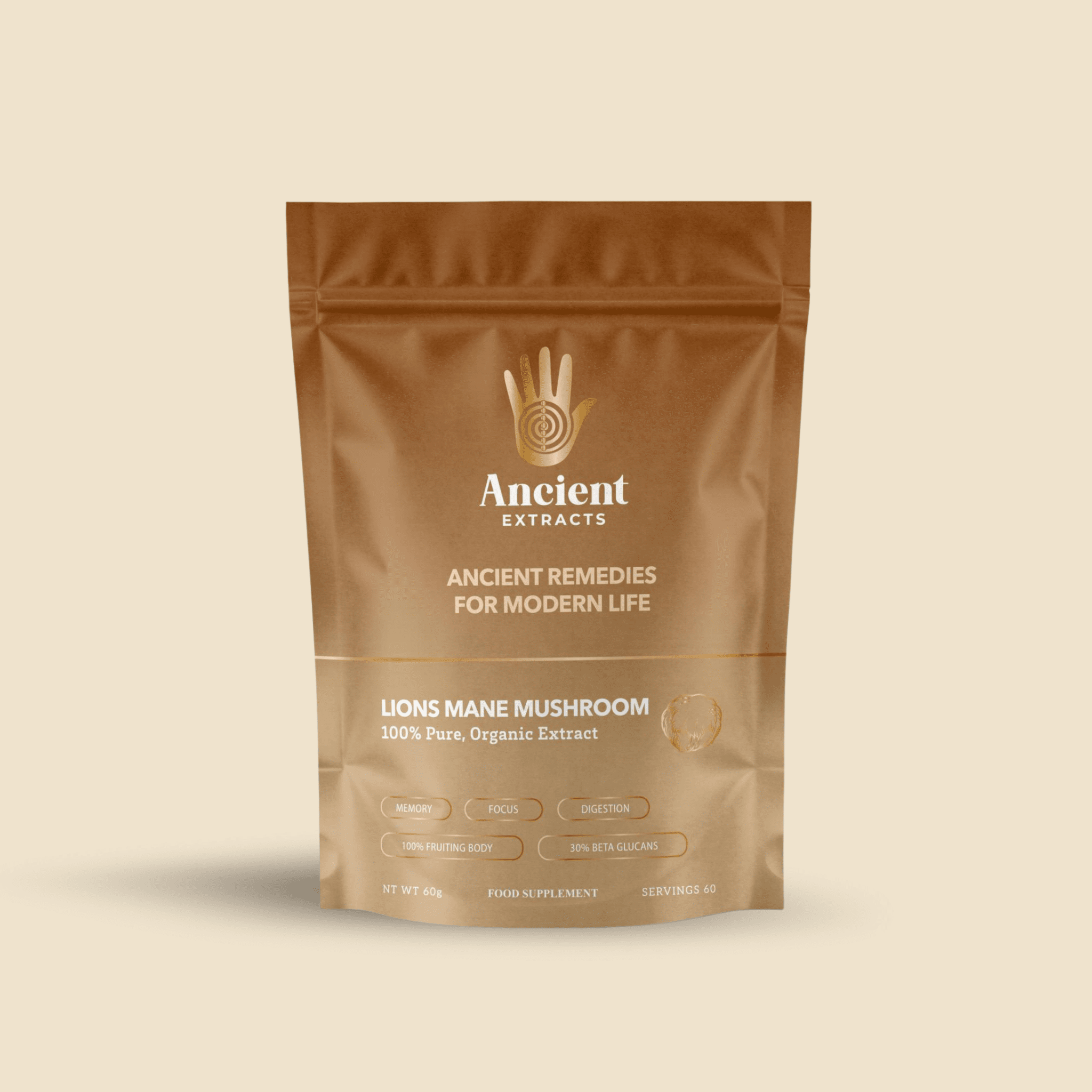 Ancient Extracts Lion's Mane Mushroom Extract Powder 15:1, 30% Beta Glucans, Vegan