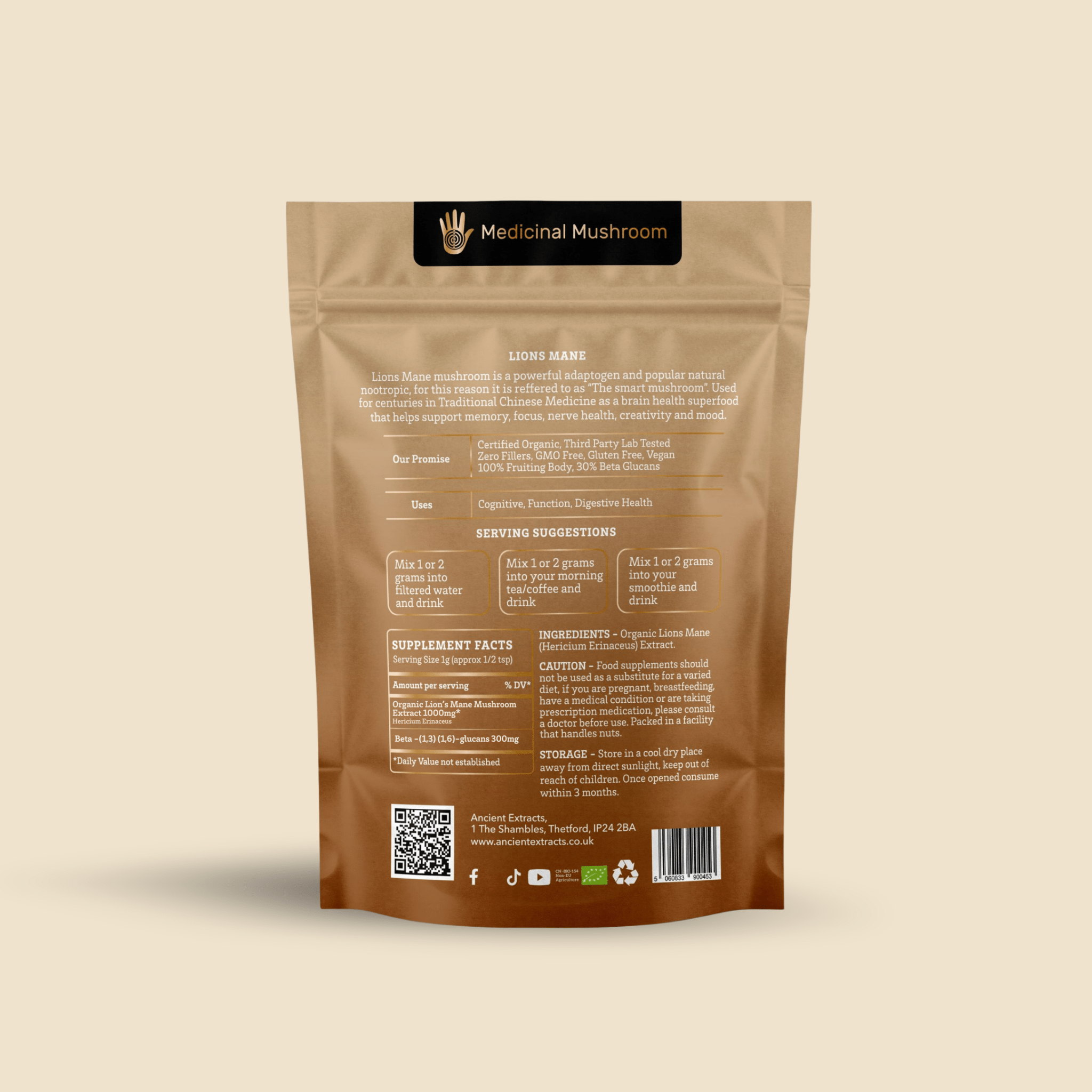 Ancient Extracts Lion's Mane Mushroom Extract Powder 15:1, 30% Beta Glucans, Vegan