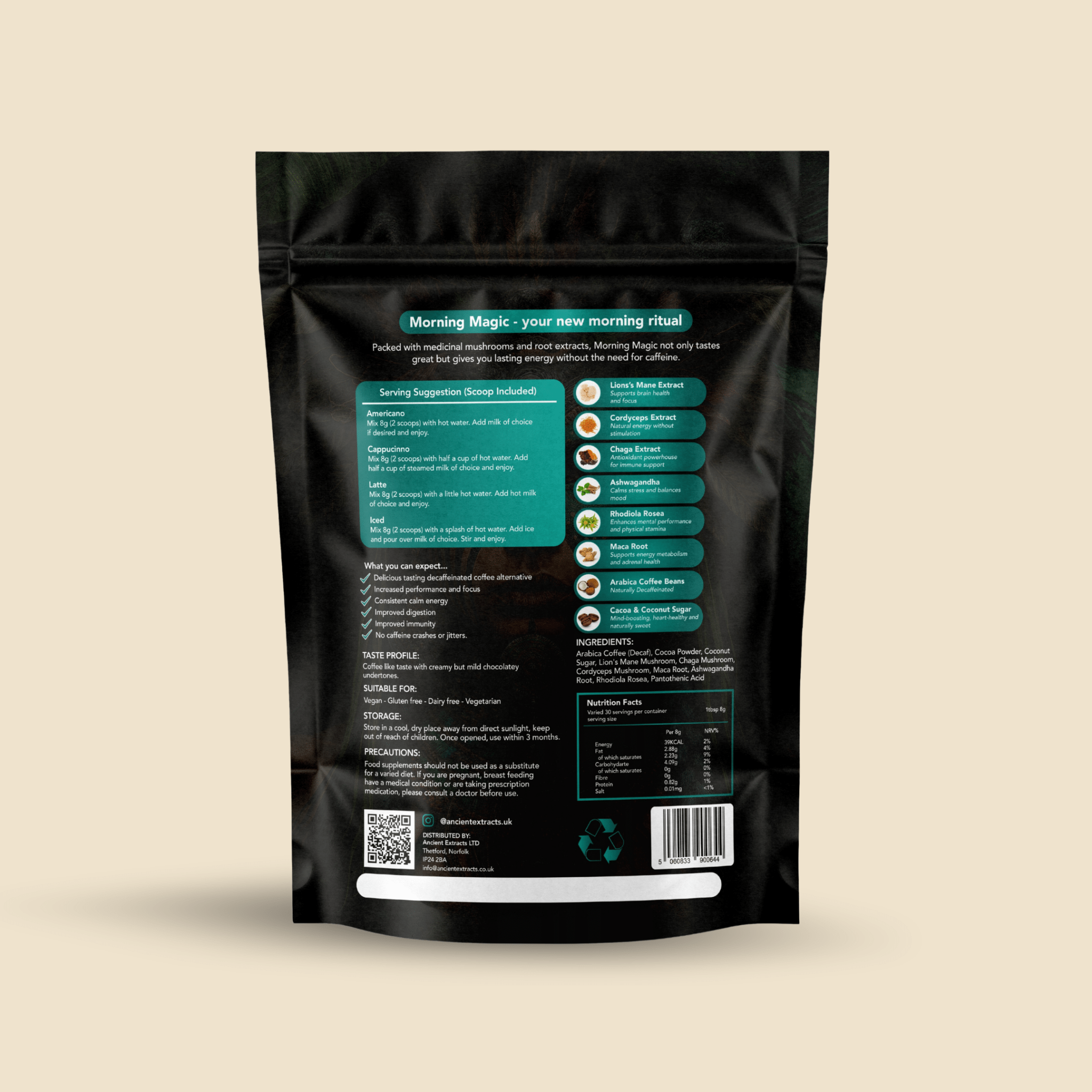 Ancient Extracts Morning Magic Mushroom Coffee - Naturally Decaffeinated, Vegan, Gluten-Free
