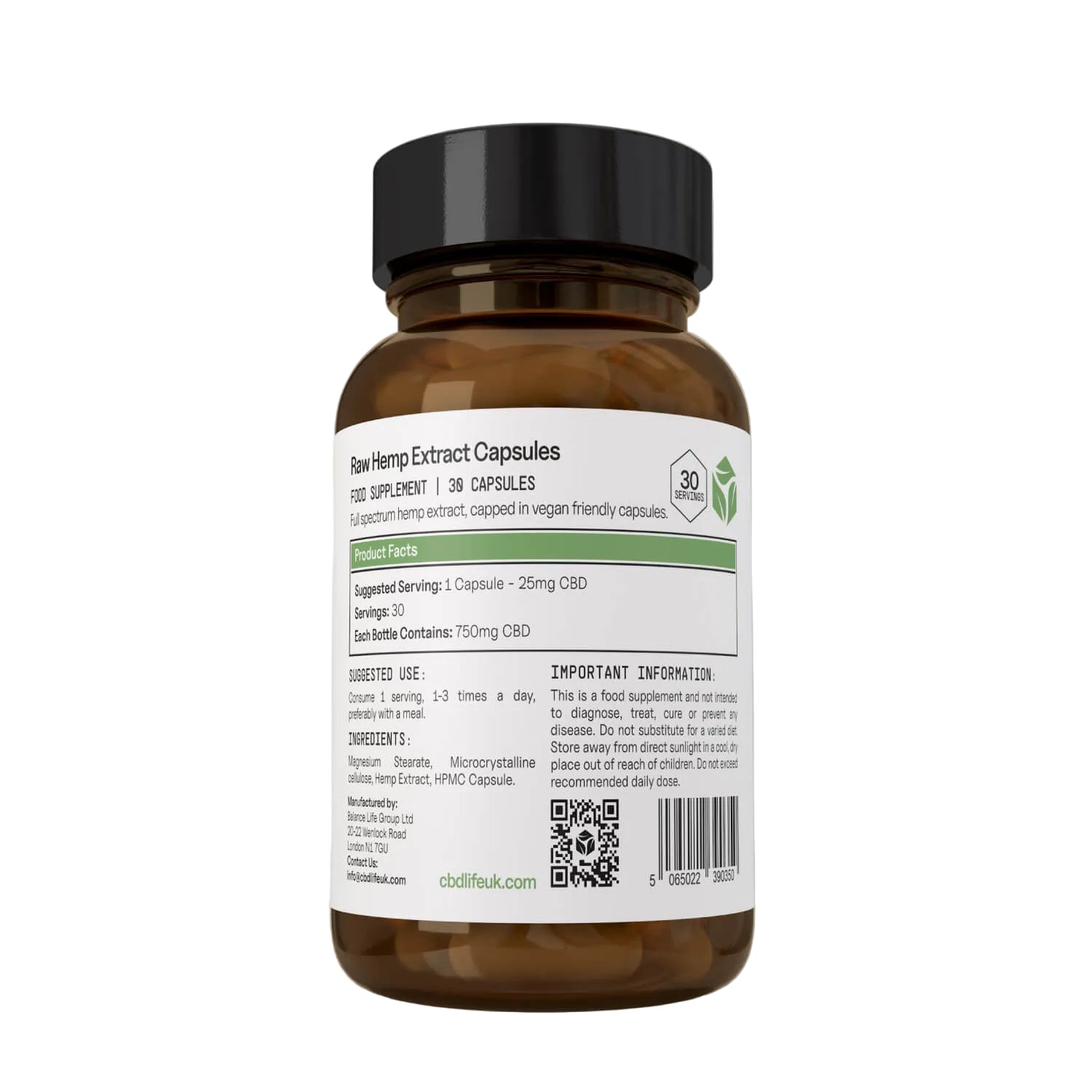 CBDLife Raw Hemp Extract Capsules 30 Caps – 300mg to 750mg CBD+CBDa
