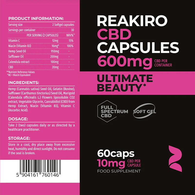 Reakiro Ultimate Beauty CBD Capsules 600mg 60pcs