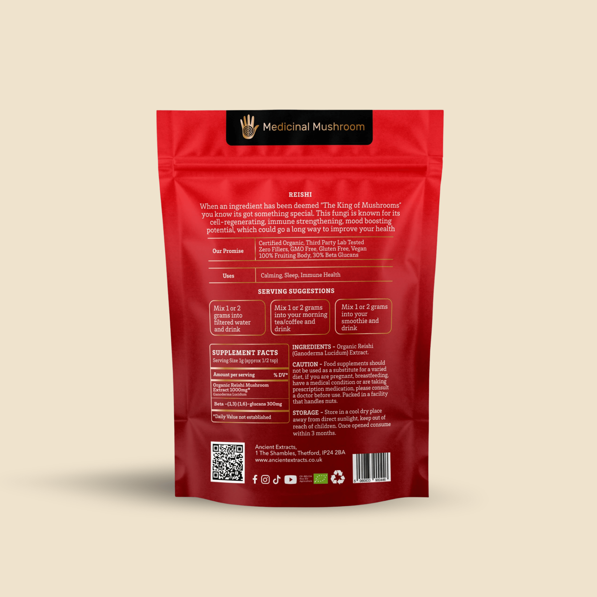Ancient Extracts Reishi Mushroom Extract Powder 15:1 Concentrate, 30% Beta Glucans