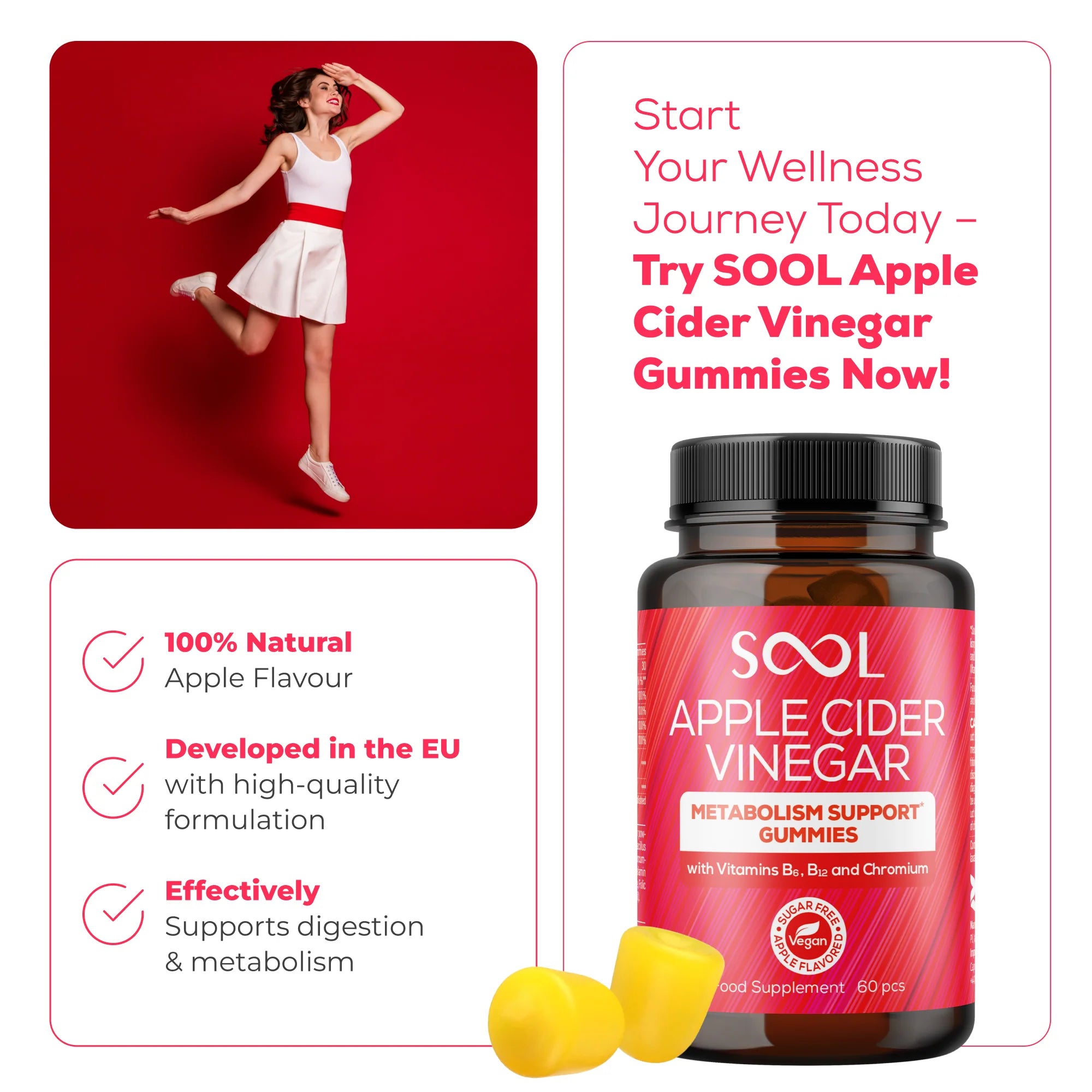 SOOL 500mg Apple Cider Vinegar Gummies - 60 Count for Health