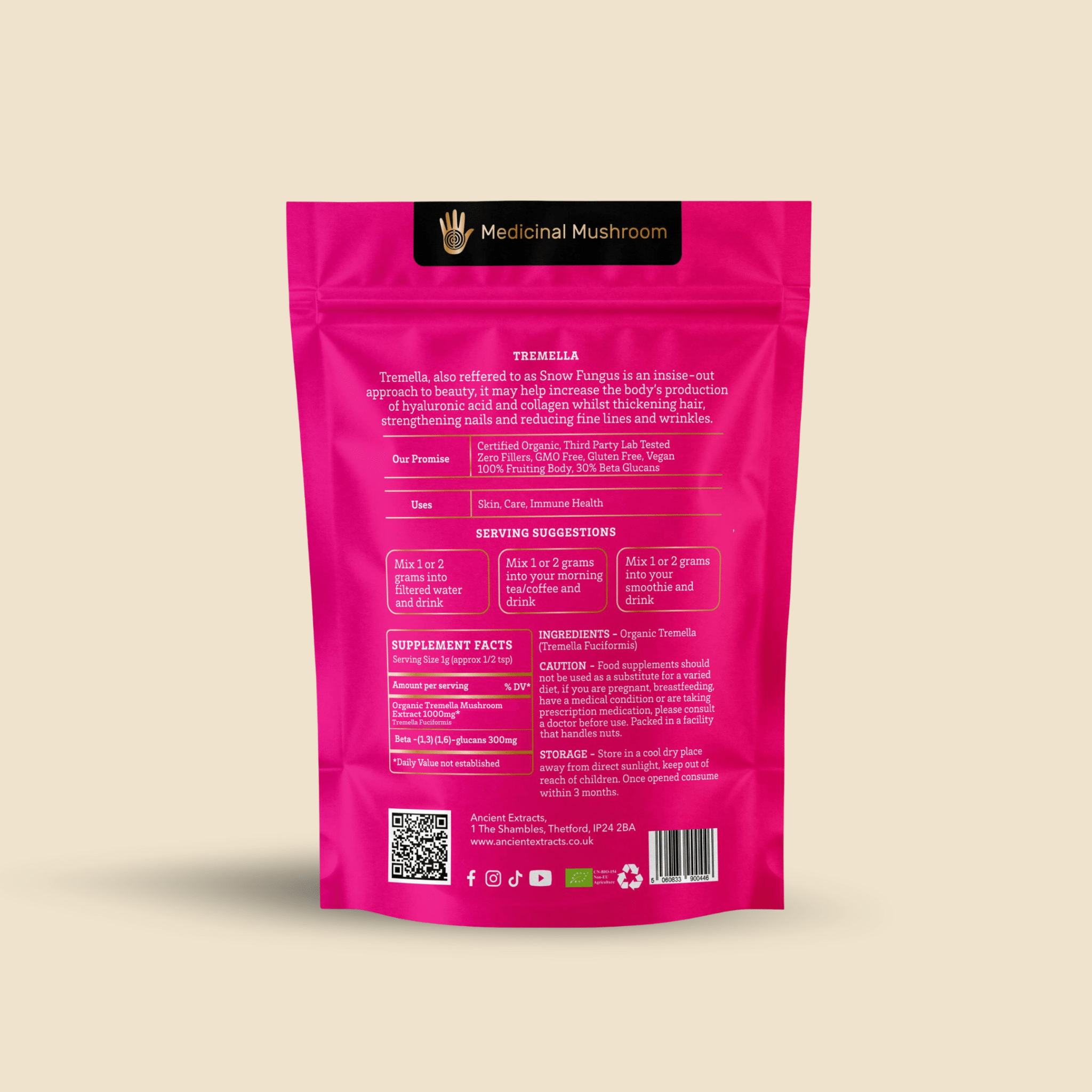 Ancient Extracts Tremella Mushroom Extract Powder 15:1, 30% Beta Glucans, Vegan